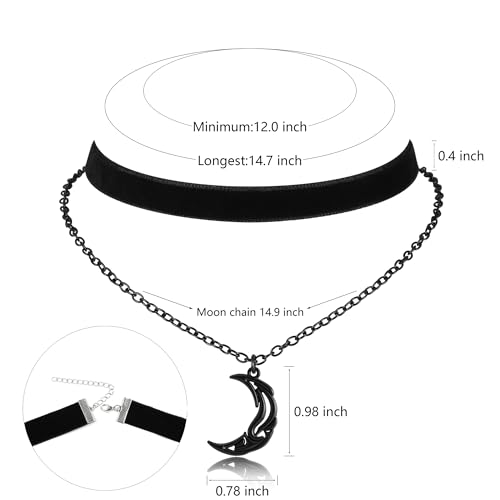 Gothic Layered Necklace, Black Velvet Choker with Dark Pendant | Soft Velvet Choker, Black Pendant, Layered Chain, Dark Academia Aesthetic, Alt Fashin Jewelry, Goth Gift for Women - style: Black Crescent Moon
