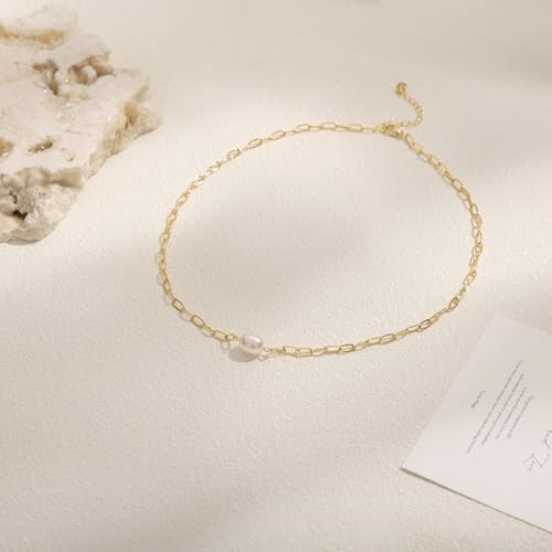 Pearl Necklaces for Women Trendy, Dainty Beaded Choker Necklace, 14K Gold Plated Station Chain, Simple Layering Wedding Prom Jewelry Gift - color: Gold Paperclip Pearl
