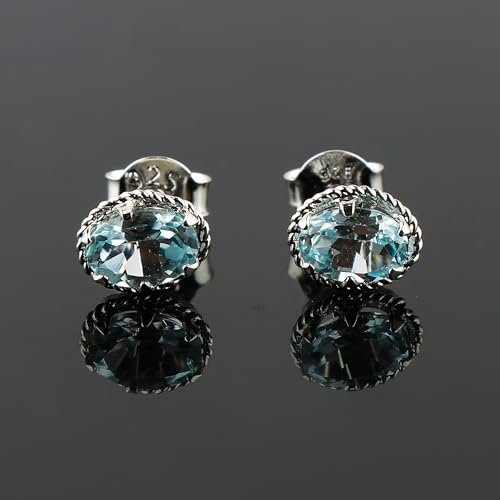 Real Blue Topaz Crystal Studs Earring Pair with Push Backs, Natural Gemstone, Birthstone, Brilliant Cut Oval Crystal, Healing Stone, Gift for Women, 925 Sterling Silver