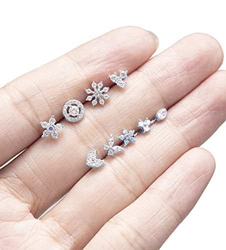 9Pcs Nose Rings Stud L Bone Screw Shaped Nose Ring Flower CZ Snowflake Butterfly Screw Nose Stud Body Piercing Jewelry for Women Men 20G Silver Gold Rose Gold Tone - color: A:Silver Tone