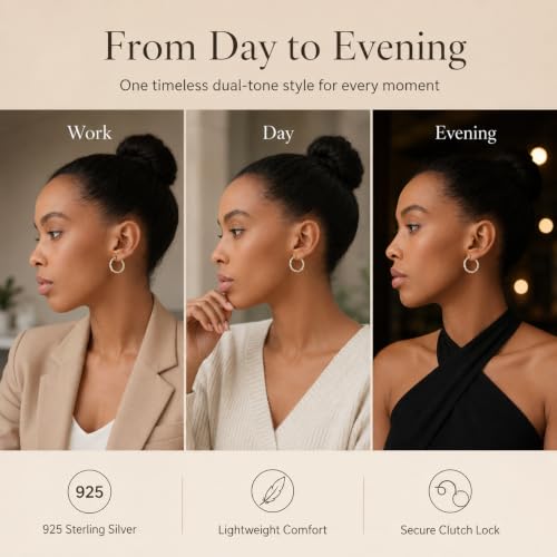 LeCalla Real 925 Sterling Silver Textured Two-Tone Three-Tone 14K Gold Plated Lightweight Italian Design Hoop Earrings for Women Diameter 25,30,40,45,50mm - color: Two-Tone Small-20mm
