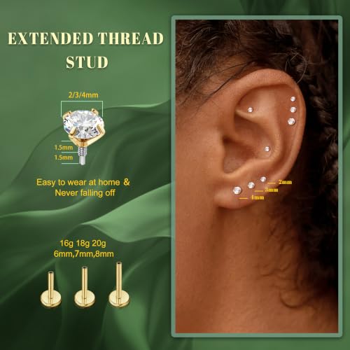 G23 Implant Grade Titanium Flat Back Earrings 16G/18G/20G | 3 Pairs Astm F136 Hypoallergenic Flatback Earrings Internally Threaded Studs for Nose, Helix, Tragus, Conch, Labret Piercing - color: Gold, size: 16G(1.2MM) Bar-6/7/8mm & CZ-2/3/4mm