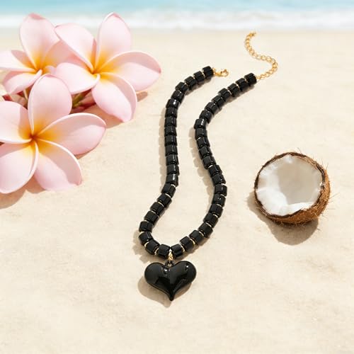 YUJIE Chunky Heart Pendant Necklace for Women- Exaggerated Statement Puff Heart Necklace with Acrylic Beaded Chain - color: black