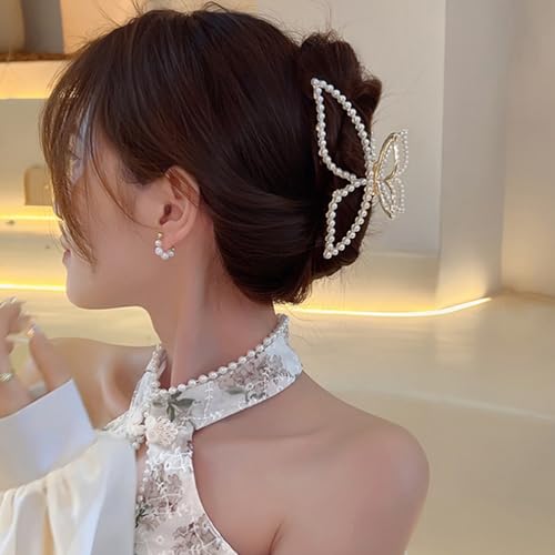 Butterfly Hair Clips Pearl Hair Claw Clip Large Spring Gold Butterfly Jaw Hair Clamps for Women Girls Non-slip Hair Barrettes Summer Hair Accessories for Thick or Thin Hair