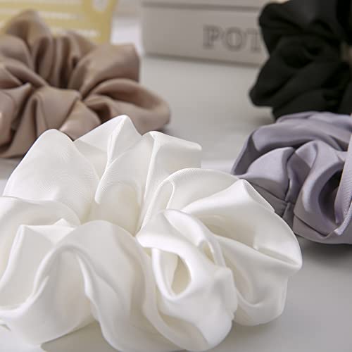 4 PCS Large Silk Satin Scrunchies for Women White Thick Hair Big Scrunchie | White / Stretched 10" Length / No Damage / Gift Box /Diameter: 5 inches / All Hairstyles - color: White, size: 1 Count (Pack of 4)