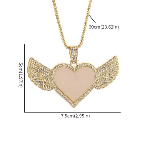 Hip Hop Ice Out Angel Wings Heart Shaped Photo Frame Pendant Necklace for Men and Women Fashion Souvenirs Jewelry Gifts - color: golden