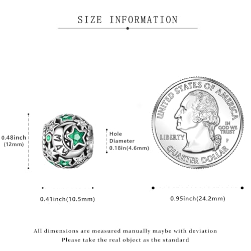 925 Sterling Silver Birthstone Star & Moon Bead Charms with Cubic Zirconia | 12 Months Birthstones, Compatible with Pandora & European Bead Charms Bracelets,Celestial Birthday Jewelry Gift for Women - color: Emerald Birthstone Charm