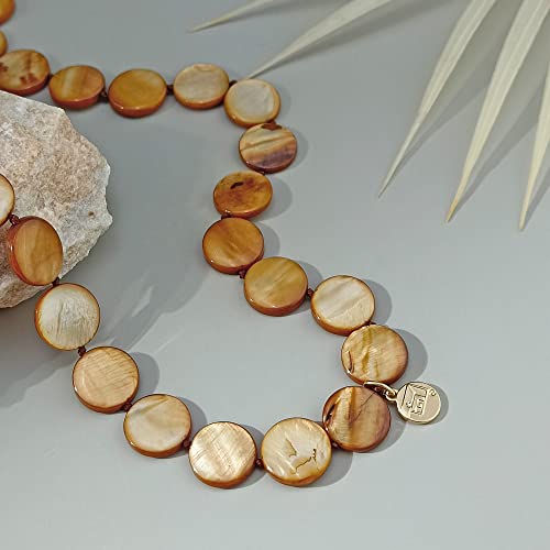 Firstmeet Flat Round Coin Shell Beads Long Knotted Necklace Natural Mother of Pearl Handmade Jewelry For Women - color: Bronze