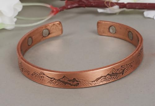 Touchstone magnetic copper bracelets for men women in gift box, engraved | 100% pure solid real adjustable bangle bracelet cuff jewelry; 12X ultra strength with 3500 gauss neodymium magnets; - style: Mountain Landscape