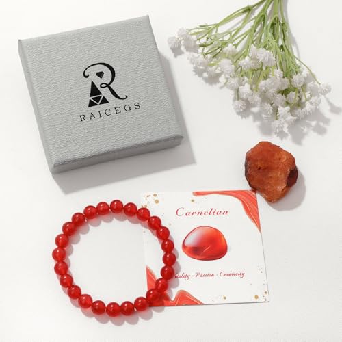 Raicegs 4 6 8MM Beaded Bracelets Healing Crystal Bracelet for Women Men Natural Stone Handmade Stretch Bracelet Reiki Spiritual Jewelry - color: Carnelian, size: 8mm