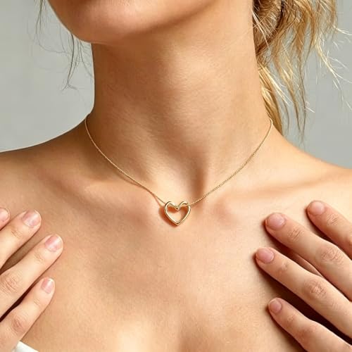 Stainless Steel Snake Chain Heart Necklace for Women, Open Heart Pendant Necklace, Dainty Hypoallergenic Non Tarnish Jewelry, Gold Silver Tone Gift Jewelry - color: Gold