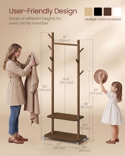 VASAGLE Freestanding Coat Rack Stand with 7 Hooks, 2 Shelves, 4 Removable 360° Swivel Wheels, Wooden Hooks and Pole, for Entryway, Bedroom, Living Room, Walnut Brown URCR053KJ01 - color: Walnut Brown, style: Minimalist