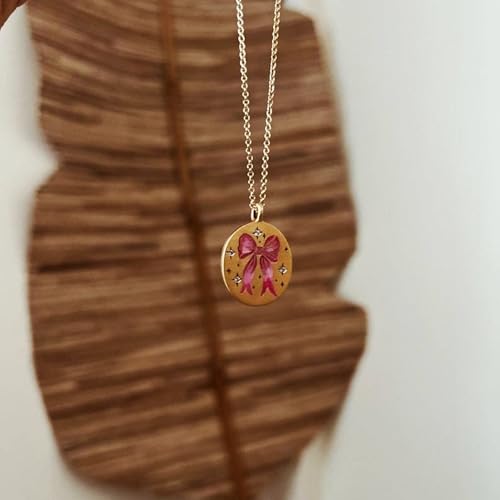 Gold Compass Charm Necklace for Women, Trendy Simple Dainty Inspirational Compass Butterfly Bow Knot Red Christmas Mug Sun Friendship Necklaces Graduation Gifts - style: Oval Pink Bow Knot