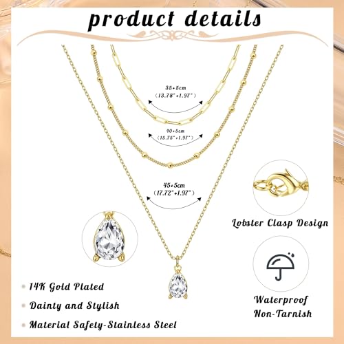 Kakonia Layered Gold Necklaces for Women, 3-Piece Gold Necklace Stack | 14K gold plated pendant necklace set, 3 dainty gold chains, trendy jewelry for women, ideal for weddings, proms or gifting - style: Teardrop-shape CZ Pendant