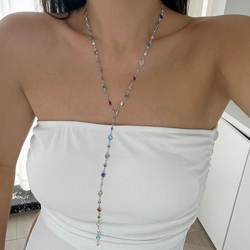 Colorful Rhinestone Y Chain Necklace Gold Long Crystal Y Lariat Necklace Rainbow Rhinestone Choker Necklaces Sparkly Long CZ Drop Chain Jewelry for Women - color: Silver