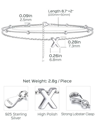 ChicSilver Ankle Bracelets for Women Waterproof, 925 Sterling Silver Initial Anklets for Women, Adjustable Dainty Layered Anklet Beach Jewelry for Women Mom Wife Friend - style: Silver-X