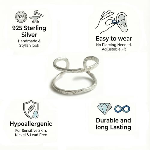 925 Sterling Silver Ear Cuff, Handmade Single Band Adjustable Non Piercing Clip On Cartilage Earring, Minimalist Ear Wrap Faux Piercing Jewelry for Women - style: Hammered Double Band
