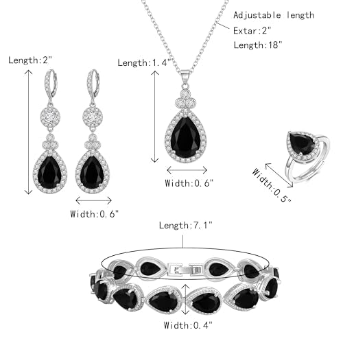 Crysdue Wedding Bridal Teardrop CZ Pendant Necklace Open Ring Dangle Earrings Adjustable Slider Bracelet Jewelry Set, Birthday Mothers Day Christmas Jewellery Gift for Women/Mom/Wife - style: 03-4 pcs Round&Teardrop- Black Silver-Tone