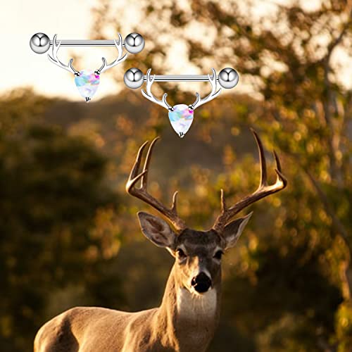 2PCS 14G 316L Stainless Steel Opal Nipple Rings Deer Head Nipple Barbell Nipple Piercings Jewelry for Women - color: silver