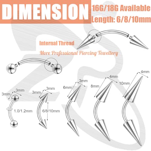 ZS 10Pcs 16G/18G Spike Eyebrow Piercing Jewelry, Internal Thread Curved Barbell Vertical Labret Lip Rings, Spike Tragus Helix Earrings Rook Nose Bridge Rings - color: B:curved barbell, size: 16g,L:10mm
