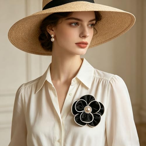 Camellia Flower Brooch Pin for Women Black Flower Brooches Large Fabric Flowers Brooch for Women Dress Accessorie - color: Black Pearl flower