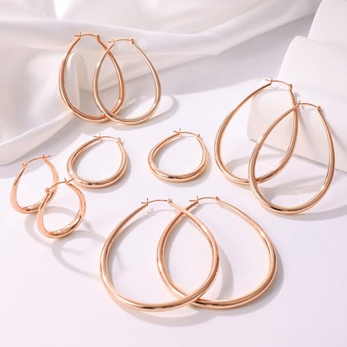 Gacimy Chunky Hoop Earrings for Women, 14K Gold Plated Oval Hoop Earrings with 925 Sterling Silver Post - color: Rose Gold, size: 70mm