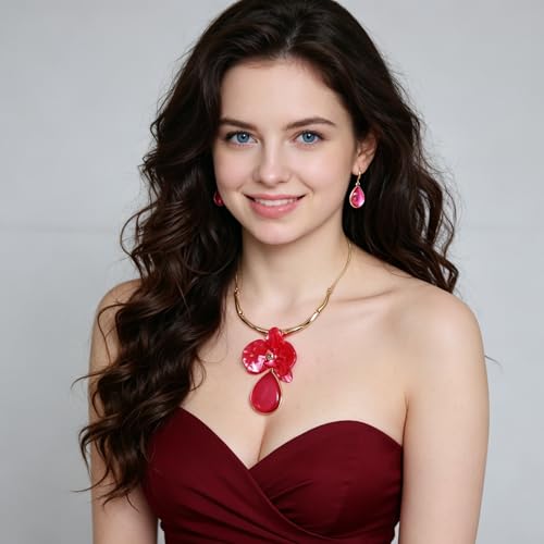 Vintage Statement Jewelry Set - Chunky Flower Floral Plant Geometric Resin Bib Necklace Earring Set Bohemian Boho Crystal Rhinestone Fashion Jewelry for Women Bridal Party Prom Unique Gift - style: MLJS2604-Pink
