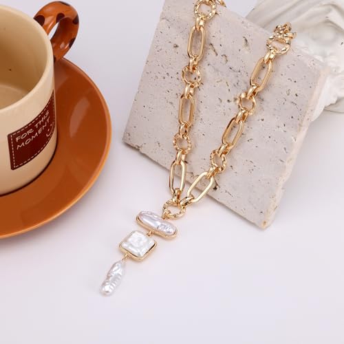 Statement Pearl and Chain Necklace,Mixed Chain and Trendy Organic Pearl Choker,Chunky Necklaces for Women