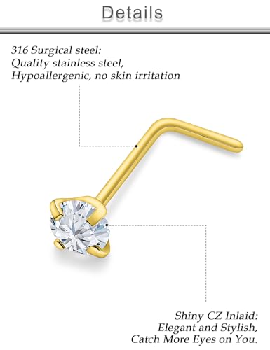 18G 20G 22G 24G Nose Rings Studs 316L Surgical Steel L Shaped Nose Nostril Studs Piercing Jewelry for Women Men Silver Gold Black CZ 1.5mm 2mm 2.5mm 3mm 3.5mm 4mm - style: Gold-24G(0.5mm)-7mm Bars-1.5mm 2mm 2.5mm 3mm CZ