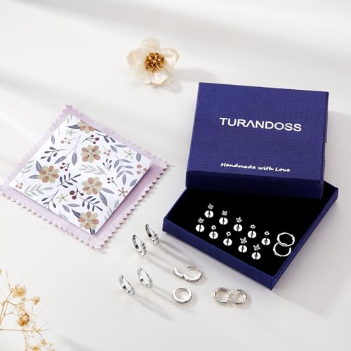 Turandoss 10 Pairs Gold Hoop Earrings for Women | 14K Gold Plated Stud Hoop Earrings, Flat Back, Cartilage Earring Stacks, Multiple Piercing, Hypoallergenic - color: Silver Plated