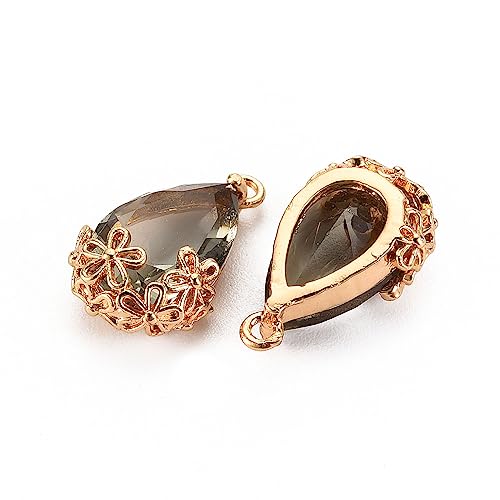 FASHEWELRY 50Pcs Faceted Teardrop Glass Charms Transparent Crystal Drop Pendants with Light Gold Brass Flower Setting for DIY Bracelet Necklace Earring Jewelry Craft Making - color: Dark Khaki