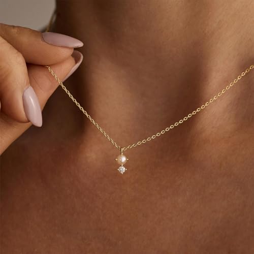 Gold Necklace for Women, Dainty 14K Gold Plated Pendant Necklaces for Women Trendy Simple Choker Chain Cubic Zirconia Circle/Interlocking/Sun/Pearl Necklace Fashion Jewelry Charm Gifts - color: Pearl CZ-2