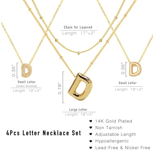 stino 4PCs Bubble Initial Letter Necklace Set, No Tarnish 14K Gold Plated Alphabet Pendant, Jewelry for Women - style: D
