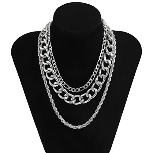 Aimimier 3Pcs Punk Cuban Link Chain Choker Necklace Twist Rope Necklace Chunky Figaro Chain Prom Party Festival Accessory for Women - color: Silver