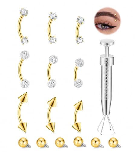 14/16G Eyebrow Piercing Jewelry Set with Tool, Stainless Steel Curved Barbells with Clear Piercing Retainers for Surgery, Ball & Spike Ends, 6/8/10/12mm Eyebrow Rings for Women Men - color: Gold-9pcs-16G
