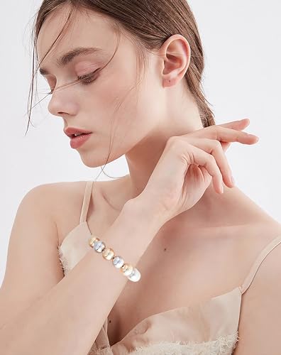 LALAPPLE Gold Plated Beaded Acrylic Bamboo Tube Bangle Bracelets for Women, Colorful Chunky Curved Tube With Gold Plated Pieces Beads Stretch Bracelet Friendship Summer Beach Jewelry - color: B-silver gold beaded (14mm)