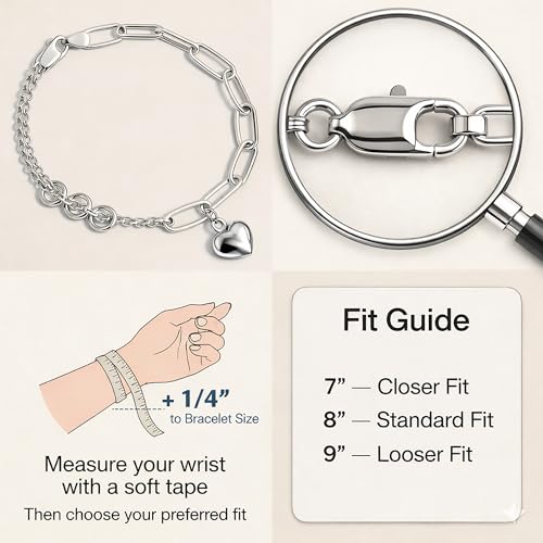 925 Sterling Silver 6mm Paperclip Bracelet for Women with Heart Charm - Mixed Link Chain Design, Lobster Clasp, Size 7" 8" 9", Gift Box - size: Medium - 8 Inches