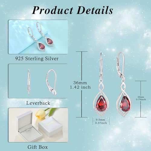 Infinity Teardrop Earrings 925 Sterling Silver Dangle Drop Leverback Earrings Birthstone Jewelry for Women - color: Deep Red