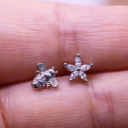 VERAMI 16G Surgical Steel Pushin Lip Rings Butterfly Flower Bee Nose Stud Rings Top Push in Threadless Flat Back Nose Rings Studs Cartilage Earrings for Womens - color: Silver:flowe & bee