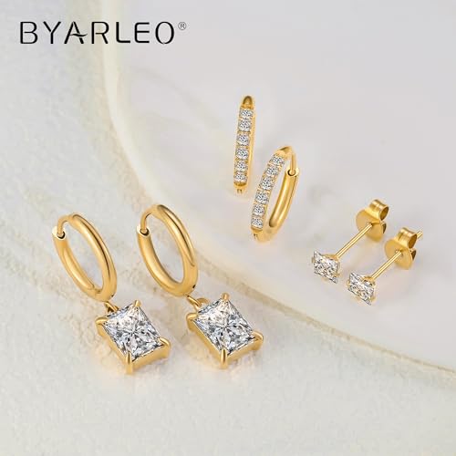 Surgical Steel Small Stud Clover Drop Dangle Huggie Hoop CZ Stud Earrings - color: C-14K Gold Plated R