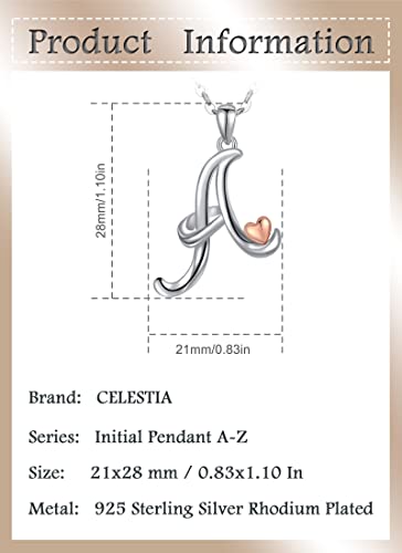 CELESTIA 925 Sterling Silver Initial Necklaces 26 Letter with Rose Gold Heart - 18 Inch Chain - color: A-Initial