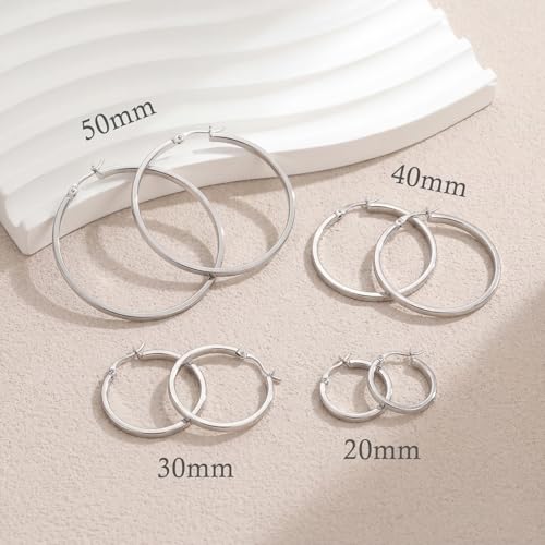 RoseJeopal 925 Sterling Silver Flat Hoop Earrings for Women 20/30/40/50MM | 14K White Gold Plated, Hypoallergenic, Lightweight, Flat Hoop, Jewelry Gift - color: Silver-20MM