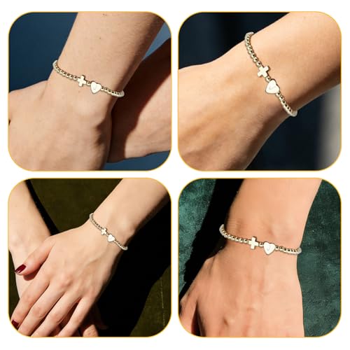 Mikovivi Women's Cross Bracelet with Initial Beads, Elastic Heart Alphabet Charm Stackable Beaded Bracelet Religious Christian Jewelry Gift - style: Letter J