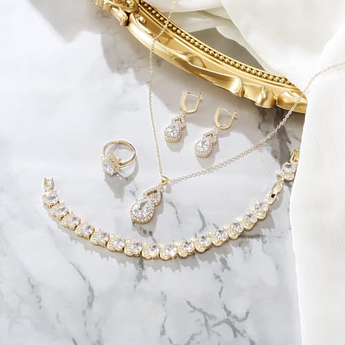 Wedding Jewelry Set for Women Bride Bridesmaid | Gorgeous Cubic Zirconia Teardrop Necklace Earrings Bracelet Adjustable Ring Jewelry Gift for Birthday/Anniversary - color: 01-Clear Gold-Tone