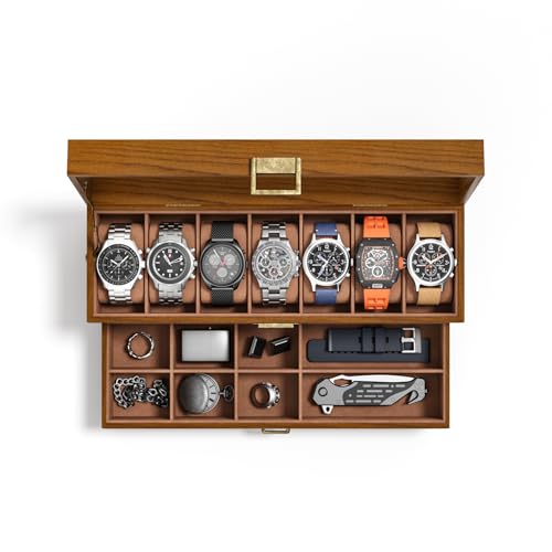 Watch Case Box for Men - Ultra-thin Frame Wide Display 7 Slots 2-Layer Wood Grain Watch Storage Organizer with Jewelry Drawer, Real-glass Display Case Collection Box Gift for Dad Husband - size: 7 Slots, Wooden Pattern