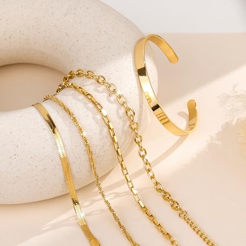 Dainty Gold Bracelet for Women Trendy Non Tarnish, Thin Bracelets Stackable Set with Bangle Cuff, Box, Herringbone, Paperclip, Figaro, Sparkling Link Chains Waterproof, Simple Jewelry Gifts for Women - color: style 02-gold