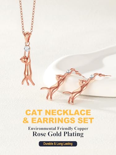 U7 Cat Pendant Necklace for Women Stainless Steel Cute Kitty Cat Jewelry Gift - style: Rose Gold(Necklace+Earrings)