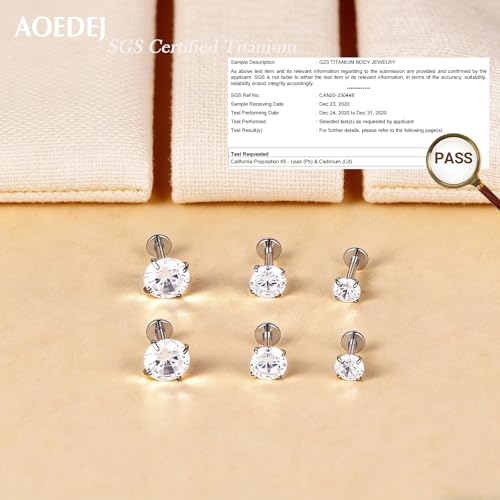 AOEDEJ 20/18/16G Titanium Internally Threaded Flat Back Stud Earrings 3/4/5mm Stars Square CZ Nose Lip Medusa Monroe Labret Piercing Jewelry for Cartilage Conch Tragus Helix Ear Studs - style: 18G-Round