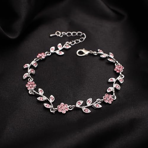 Austrian Crystal Rhinestone Choker Necklace Dangle Earring Link Bracelet Jewelry Set for Brides Bridesmaid Prom Costume Accessories for Women - color: Pink-Platinum Plated