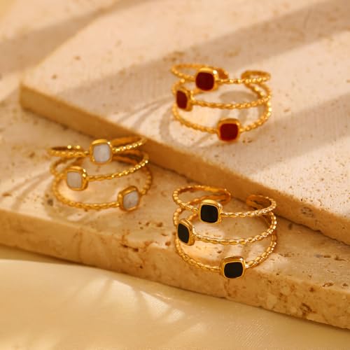 Layered Open Statement Ring Enamel Square Geometric Rings for Women Stainless Steel 18K Gold Plated Adjustable Finger Bands Stackable Comfort Fit Wedding Engagement Fashion Jewelry - color: White